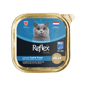 ووم‌گربه رفلکس پلاس با طعم شاه ماهی و ماهی کاد ۸۵گرمی